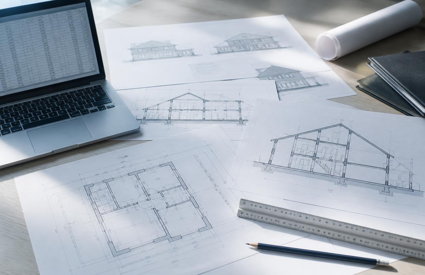 House drawings, elevations and sections on a desk beside a laptop showing calculation data