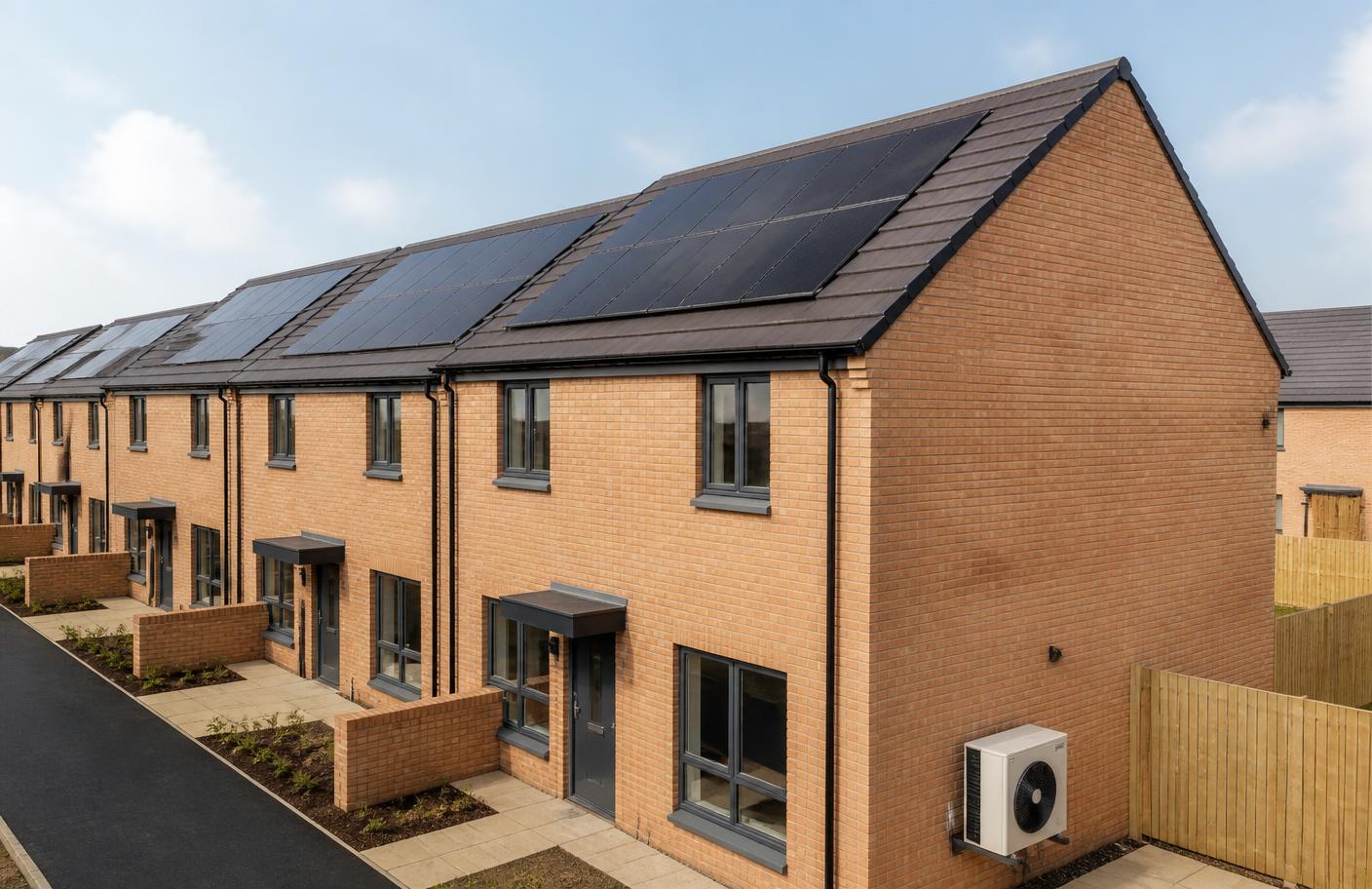 New housing terrace with roof-mounted solar panels and an air source heat pump