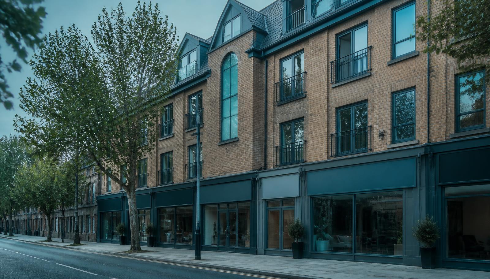 British mixed-use building with shopfront units at ground floor and brick apartments above