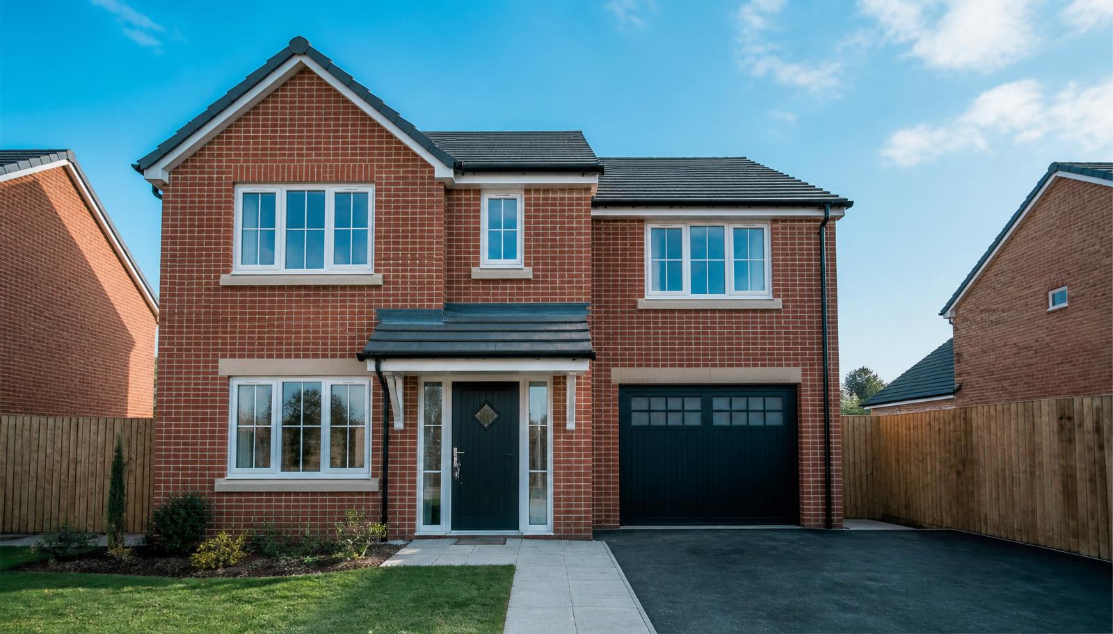 Completed new-build brick house with a new front door and driveway, ready for handover