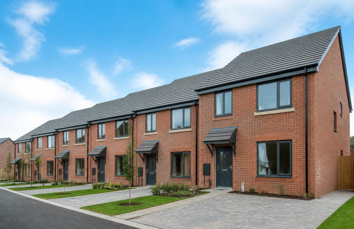 Completed row of new-build brick houses ready for handover
