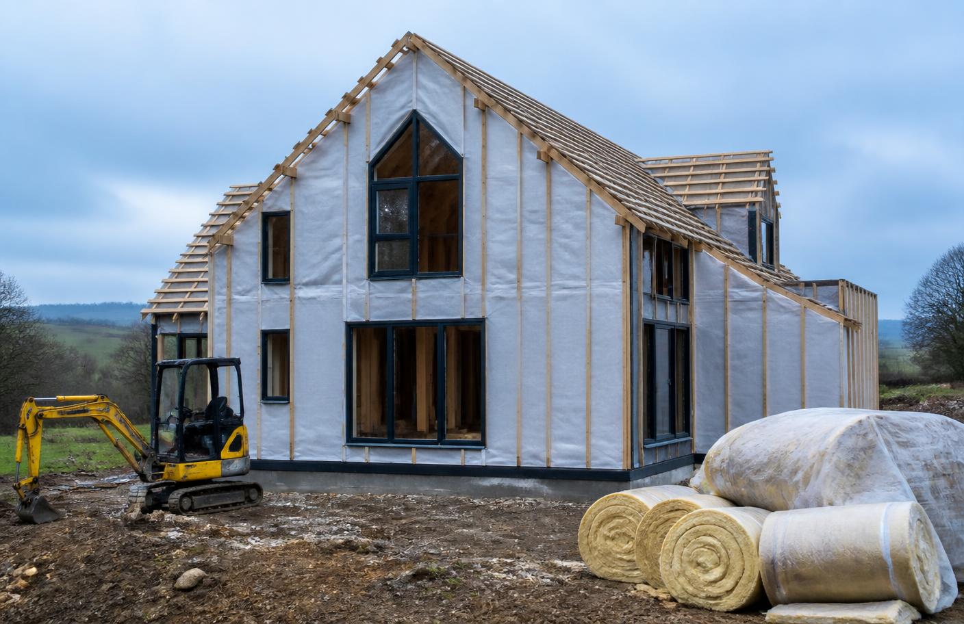 Timber frame self-build house under construction with insulation rolls stacked outside
