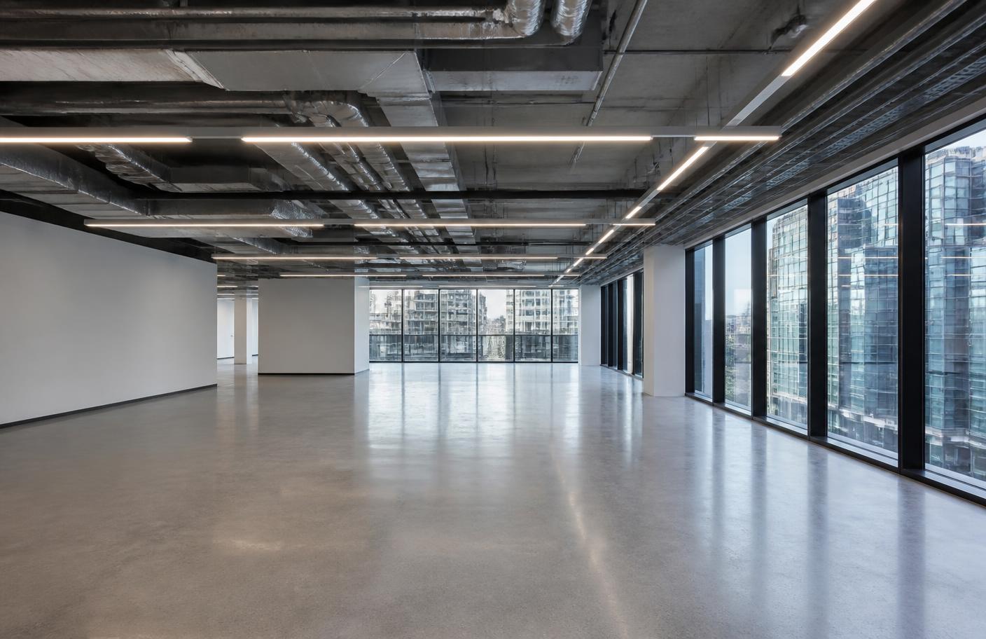 Empty modern office floor with exposed ductwork, LED lighting and a fully glazed facade